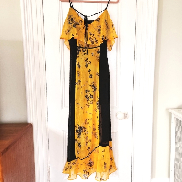 Religion Dresses & Skirts - Religion Off Shoulder Yellow Floral Ruffle And Black Swiss Dot Maxi Dress